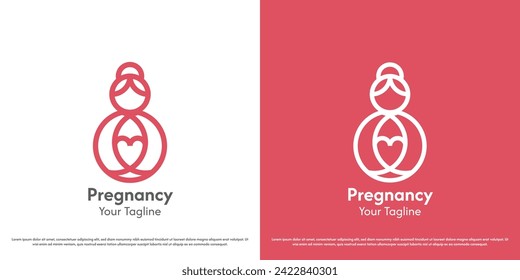 Pregnant mother logo design illustration. Silhouettes of the mother and the womb of the fetus, the love of the woman's child family. Minimal geometric warm feminine affection maternity birth icon.