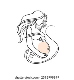 A pregnant mother lovingly, line art in a serene illustration of motherhood and joy