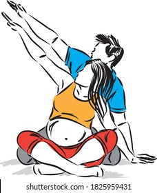 pregnant mother with man father fitness concept stretching vector illustration