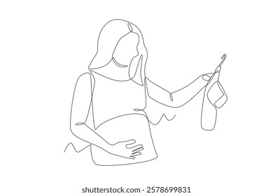 Pregnant mother prepares baby clothes. Pregnant women getting ready for baby concept one-line drawing