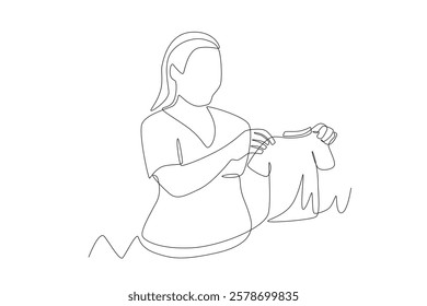 Pregnant mother prepares baby clothes. Pregnant women getting ready for baby concept one-line drawing