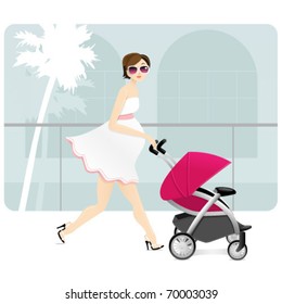 A pregnant mother with a stroller in a shopping mall.