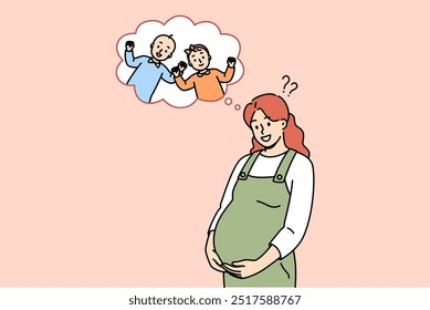 Pregnant mother is waiting for birth of twins from boy and girl, and smiles holding tummy. Cheerful pregnant lady dreams of future boy or girl, thinking about gender of unborn child