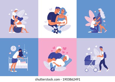 Pregnant motherhood design concept with set of square compositions with characters of loving parents and baby vector illustration