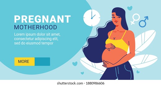 Pregnant motherhood horizontal banner with editable text slider more button and female character with clock icon vector illustration