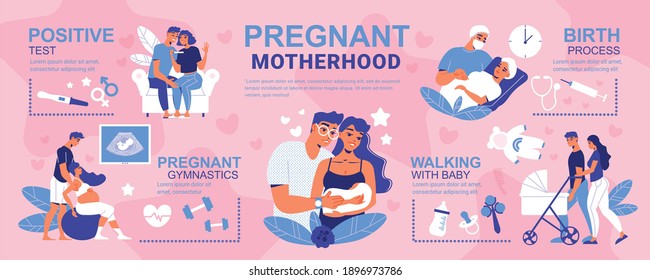 Pregnant motherhood infographics with icons of medical products baby dummies and characters of parents with text vector illustration