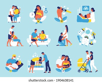 Pregnant motherhood set of isolated icons with human characters of loving couple waiting for the baby vector illustration