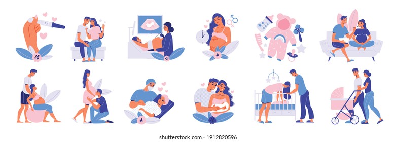 Pregnant Motherhood Set Of Isolated Icons Images Of Baby Stuff With Characters Of Parents And Doctor Vector Illustration