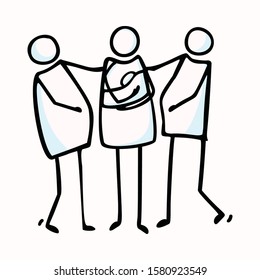Pregnant Mothers and holding New Baby Sling Mom. Stick Figure Vector Illustration. Hand Drawn Isolated 3 Women Icon Motif Element in Flat Color. Motherhood , Friend Shower Concept. Pictogram EPS10.
