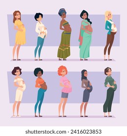 Pregnant. Multicultural motherhood pictures set exact vector female side view illustrations of pregnant woman