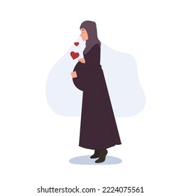 pregnant Muslim woman in abaya and hijab. Future Muslim Mother Care Positive Emotion. Vector illustration