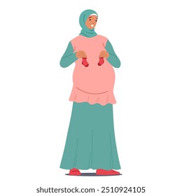 Pregnant Muslim Woman Is Happily Holding Baby Socks And Smiling. Character Is Wearing Hijab And Maternity Dress, Symbolizing Expecting Mothers, Motherhood, And Cultural Lifestyle. Vector Illustration