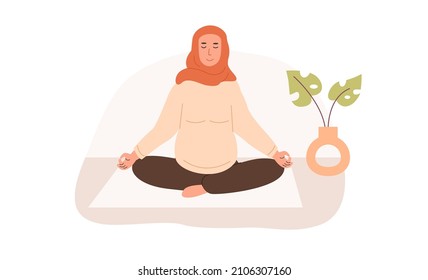 Pregnant muslim woman meditating at home. Prenatal yoga. Modern arab mom in hijab sitting with legs crossed practicing meditation. Relaxing exercise during pregnancy. Flat style vector illustration.