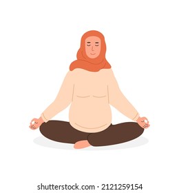 Mujer musulmana embarazada meditando. Yoga prenatal. Mamá árabe liberal moderna con hijab sentada con las piernas cruzó la práctica de la meditación. Ejercicio relajante durante el embarazo. Ilustración vectorial de estilo plano.