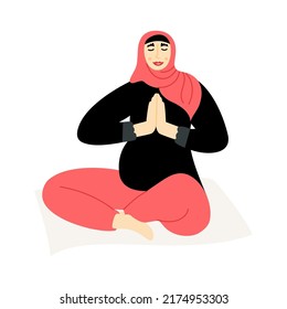 Pregnant muslim woman practicing yoga in a lotus pose. Future mother doing relaxing exercise. Person in a hijab meditating in asana. Vector flat illustration on a white background