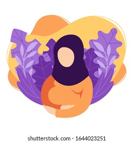 Pregnant muslim woman touches belly. Lady in hijab expecting child strokes her belly. Future mother. Health, care, maternity parenting. Vector illustration on white background in trendy flat style.