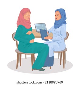 Pregnant muslim woman visiting doctor dressed in a hijab. Cartoon vector illustration medical checkup healthy during pregnancy. Motherhood Arabic and Islam Concept.