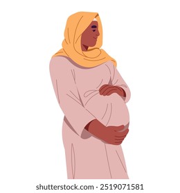 Pregnant Muslim woman wearing hijab. Expectant mother holds hands on belly. Islamic mom loves her baby. Happy girl in pregnancy. Motherhood life. Flat isolated vector illustration on white background