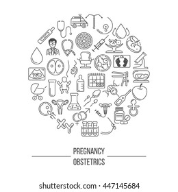 Pregnant and obstetrics concept with different obstetrics elements and other ginecological research vector symbols isolated on background. Perfect illustration for  flyer or banner.