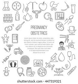 Pregnant and obstetrics concept with different obstetrics elements and other ginecological research vector symbols isolated on background. Perfect illustration for  flyer or banner.