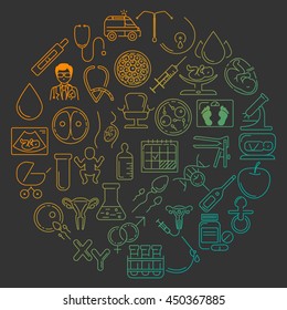 Pregnant and obstetrics concept with different obstetrics elements and other gynecological vector symbols isolated on background. Perfect illustration for  flyer or banner.