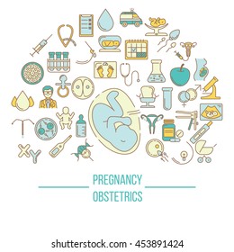 Pregnant and obstetrics concept with different obstetrics elements and other gynecological research vector symbols isolated on background. Perfect illustration for  flyer or banner.