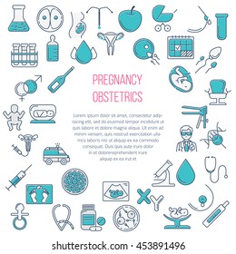 Pregnant and obstetrics concept with different obstetrics elements and other gynecological research vector symbols isolated on background. Perfect illustration for  flyer or banner.