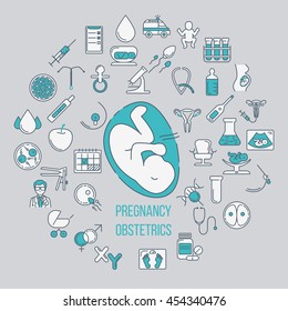 Pregnant and obstetrics concept with different obstetrics elements and other gynecological research vector symbols isolated on background. Perfect illustration for  flyer or banner.