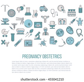 Pregnant and obstetrics concept with different obstetrics elements and other gynecological research vector symbols isolated on background. Perfect illustration for  flyer or banner.