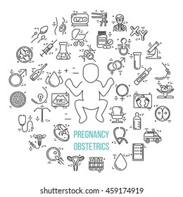 Pregnant and obstetrics concept with different obstetrics elements and other gynecological research vector symbols isolated on background. Perfect illustration for  flyer or banner.