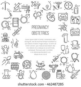 Pregnant and obstetrics concept with different obstetrics elements and other gynecological research vector symbols isolated on background. Perfect illustration for  flyer or banner.