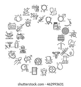 Pregnant and obstetrics concept with different obstetrics elements and other gynecological research vector symbols isolated on background. Perfect illustration for  flyer or banner.