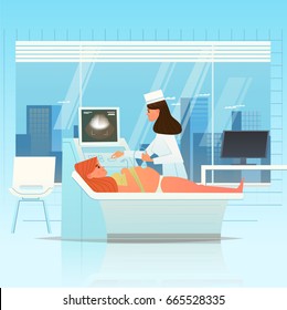 Pregnant On Ultrasound Checking. Screening For Birth Weight Prediction And Fetal Hart Rate Monitoring. Vector Illustration