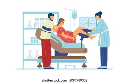 Pregnant parturient woman in prenatal clinic giving birth to baby, flat vector illustration isolated on white background. Doctor takes delivery and assists in childbirth.