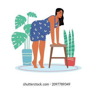 Pregnant parturient woman preparing for childbirth leaning on chair. Pose for preparing for labor, flat vector illustration isolated on white background.