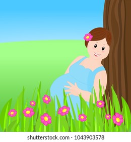 Pregnant plump sweet woman with a flower in her hair happily resting in nature under a tree in the summer, plus size