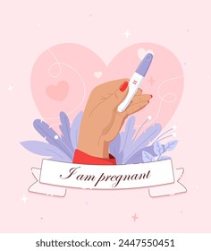 Tengo un cartel de embarazada. Mano femenina con prueba. Futura y esperada madre con equipo médico. Atención médica y diagnóstico. Fertilidad y sistema reproductor femenino. Ilustración vectorial plana de dibujos animados