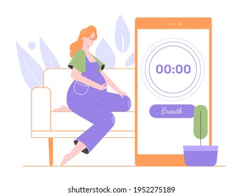 Pregnant pretty girl counts the time between contractions. Contraction counter mobile application. Coming birth, labor. Future mother. Vector flat illustration.