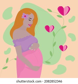 Pregnant redhead woman, vector illustration on beautiful background