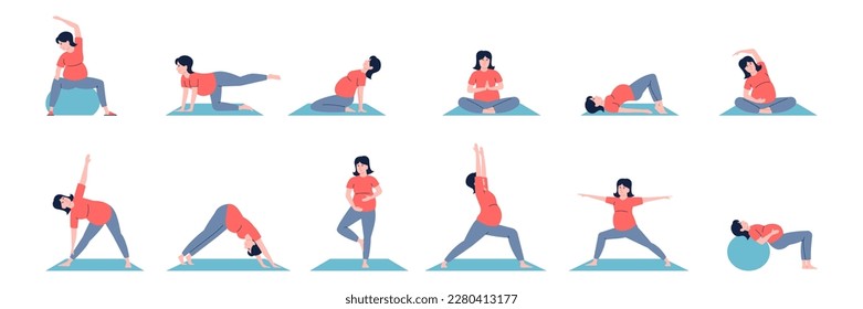 Yoga relajado preñado. Deportes de entrenamiento de mujeres embarazadas, ejercicios de pilates. Preparación de maternidad, meditación y gimnasia. Conjunto de vectores reciente de período prenatal