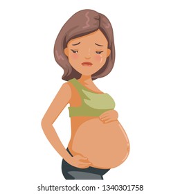 Pregnant sad and  feeling ill. Beautiful woman experiencing signs of pregnancy. Pregnant woman suffer from depression. Vector illustration isolated on a white background.  