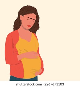 Pregnant sad woman. Beautiful happy mother to be. Modern flat vector illustration