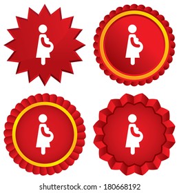 Pregnant sign icon. Women Pregnancy symbol. Red stars stickers. Certificate emblem labels. Vector