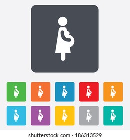 Pregnant sign icon. Women Pregnancy symbol. Rounded squares 11 buttons. Vector