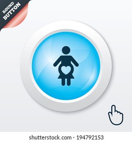 Pregnant sign icon. Women Pregnancy symbol. Blue shiny button. Modern UI website button with hand cursor pointer. Vector