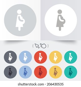 Pregnant sign icon. Women Pregnancy symbol. Round 12 circle buttons. Shadow. Hand cursor pointer. Vector