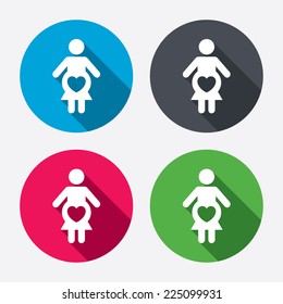 Pregnant sign icon. Women Pregnancy symbol. Circle buttons with long shadow. 4 icons set. Vector