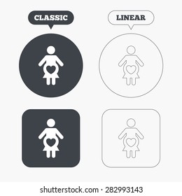 Pregnant sign icon. Women Pregnancy symbol. Classic and line web buttons. Circles and squares. Vector