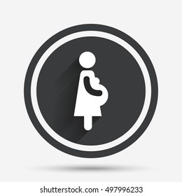 Pregnant sign icon. Women Pregnancy symbol. Circle flat button with shadow and border. Vector