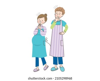 Pregnant smiling woman and husband in apron